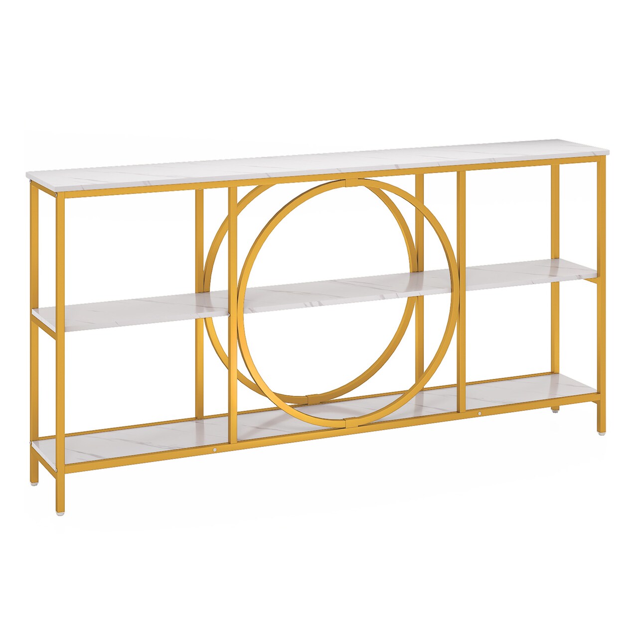 Chic Entryway Console Table White Gold Metal Frame with Faux Marble Top 3-Tier Open Storage